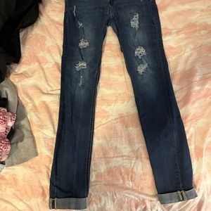 HIGH WAISTED DARK BLUE JEANS!! Light rips. SIZE 5